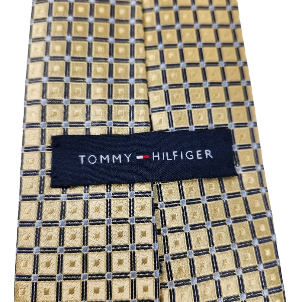 Tommy Hilfiger 100% Silk Pale Yellow Gold Blue Silver Geometric Tie Men's